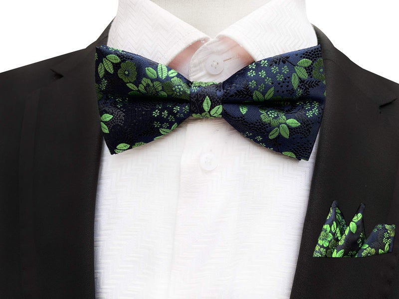 Secdtie Men's Green Black 100% Silk Bow Tie Pocket Square Set Cravat Woven Jacquard Casual Spring Neckties - Image 2
